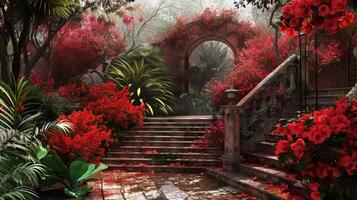 Red Flower Archway in a Misty Garden photo