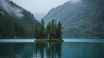Misty Mountain Lake with a Small Island photo