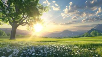 Serene Sunset Landscape with a Lone Tree photo