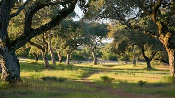 Pathway Through a Sun-Dappled Oak Grove photo