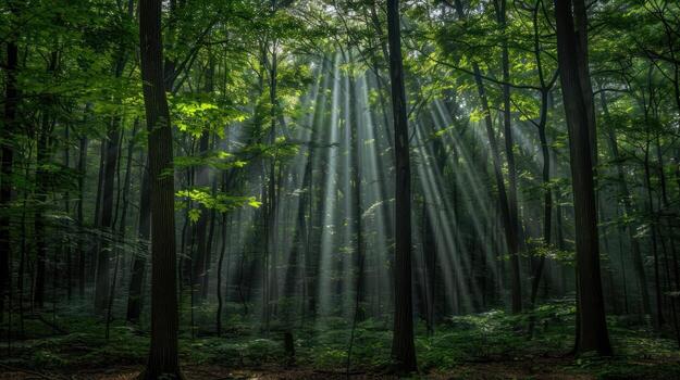Sunbeams Piercing Through a Dense Forest photo