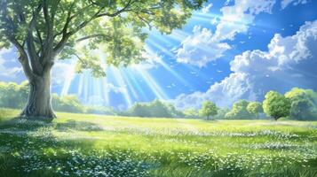 Sunbeams Through the Trees in a Lush Meadow photo