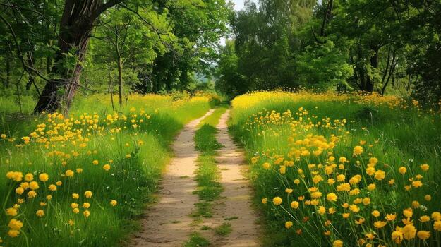 A Sunlit Path Through a Field of Yellow Flowers photo