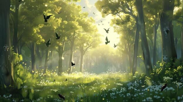 Sunlit Forest Clearing with Birds in Flight photo