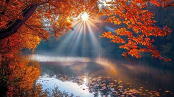 Autumnal Sunbeams Reflecting on a Tranquil Lake photo