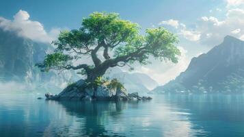 Solitary Tree on a Misty Lake photo
