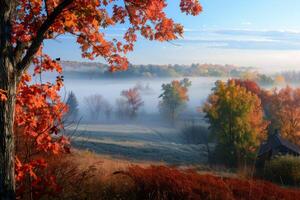 A foggy autumn day with a tree in the foreground and a house in the background photo