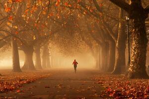 Jogger on a Misty Autumn Morning Path photo
