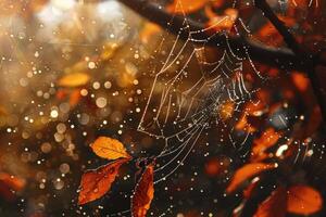 Sparkling Dew on Spider Web in Autumn Light photo