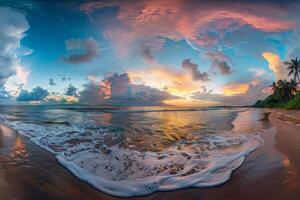 Vibrant sunset reflecting on waves at tropical beach photo