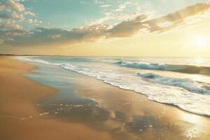 Golden sunlight reflecting on gentle ocean waves and sandy beach photo