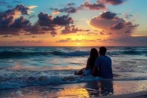 Couple watching sunset on beach shore photo