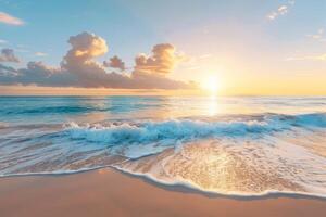 Tranquil beach at sunrise with gentle waves photo