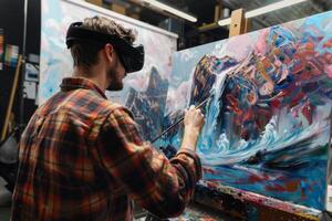 Artist Painting on Canvas While Using VR Headset photo