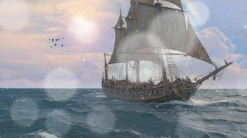 A majestic vintage sailing ship with tall masts glides across a vast ocean under a dramatic, cloudy sky. The ships sails are fully unfurled, capturing the wind as it navigates the open waters. video