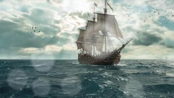 ein majestätisch Jahrgang Segeln Schiff mit hoch Masten gleitet über ein riesig Ozean unter ein dramatisch, wolkig Himmel. das Schiffe Segel sind völlig entfaltet, Erfassen das Wind wie es navigiert das öffnen Gewässer. video