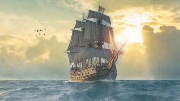 ein majestätisch Jahrgang Segeln Schiff mit hoch Masten gleitet über ein riesig Ozean unter ein dramatisch, wolkig Himmel. das Schiffe Segel sind völlig entfaltet, Erfassen das Wind wie es navigiert das öffnen Gewässer. video