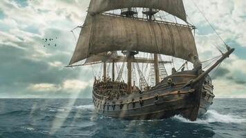 uma majestoso vintage Navegando navio com alta mastros desliza através uma grande oceano debaixo uma dramático, nublado céu. a navios velas estão totalmente desenrolado, capturando a vento Como isto navega a aberto águas. video