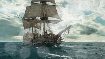 uma majestoso vintage Navegando navio com alta mastros desliza através uma grande oceano debaixo uma dramático, nublado céu. a navios velas estão totalmente desenrolado, capturando a vento Como isto navega a aberto águas. video