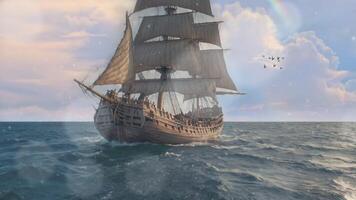 uma majestoso vintage Navegando navio com alta mastros desliza através uma grande oceano debaixo uma dramático, nublado céu. a navios velas estão totalmente desenrolado, capturando a vento Como isto navega a aberto águas. video