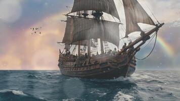 A majestic vintage sailing ship with tall masts glides across a vast ocean under a dramatic, cloudy sky. The ships sails are fully unfurled, capturing the wind as it navigates the open waters. video