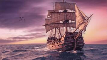 ein majestätisch Jahrgang Segeln Schiff mit hoch Masten gleitet über ein riesig Ozean unter ein dramatisch, wolkig Himmel. das Schiffe Segel sind völlig entfaltet, Erfassen das Wind wie es navigiert das öffnen Gewässer. video