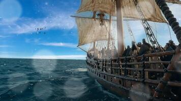 A majestic vintage sailing ship with tall masts glides across a vast ocean under a dramatic, cloudy sky. The ships sails are fully unfurled, capturing the wind as it navigates the open waters. video