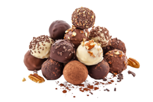 A stack of assorted gourmet chocolate truffles with various toppings like nuts, cocoa powder on a transparent background png