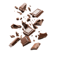 A chocolate bar breaking apart and falling isolated against a pure isolated on a transparent background png