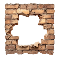 A brown brick wall with a broken section creating a hole on a transparent background png