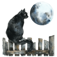 A whimsical black cat perched on a rustic wooden fence with a full moon in the background png