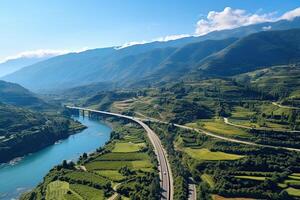 Nature of Lebanon. Road and river in the mountains. Beautiful view. photo