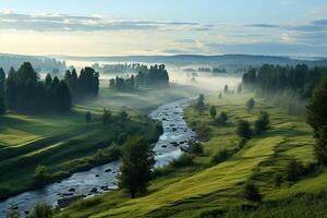 Nature of Latvia. Morning landscape with river and fog. Forest in the background. Beautiful view. photo