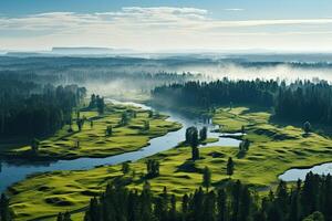 Nature of Latvia. Morning landscape with river and fog. Beautiful view. photo