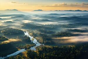 Nature of Latvia. Morning landscape with river and fog. Beautiful view. photo