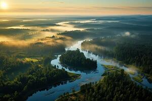 Nature of Latvia. Morning landscape with river and fog. Beautiful view. photo