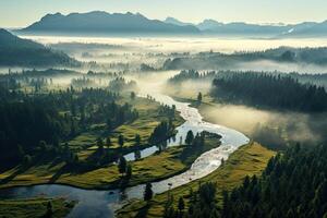 Nature of Latvia. Morning landscape with river and fog. Mountains in the background. Beautiful view. photo