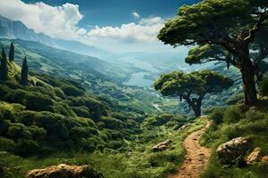 Nature of Lebanon. Beautiful big trees on the hill. View of the valley. Beautiful view. photo