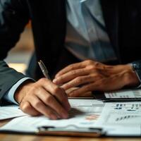 Businessperson analyzing financial documents in a meeting. Professional management and strategy planning with graphs and charts. photo