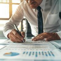 Businessman analyzing financial charts and graphs at office desk. Focus on management, finance, strategy, and growth. Professional environment. photo