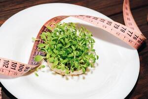 Sprouted greens of lettuce leaves microgreen in a round white mask with a centimeter photo