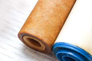 Two replaceable used water filters. Replaceable dirty filters for filtration of reverse osmosis water photo