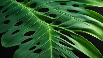 Monstera Leaf, close-up of a Monstera leaf, distinctive split edges and deep green color photo