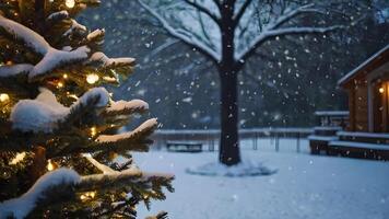 Christmas Tree In The Snow With Lights And Bokeh photo