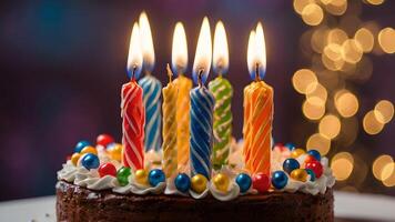 Birthday Cake with Candles and Bokeh Lights photo