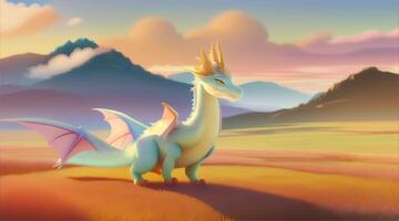 A cartoon dragon standing in a field with mountains in the background video