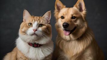 A Close Up Portrait Of A Golden Retriever And Cat With A Friendly Expressions. photo