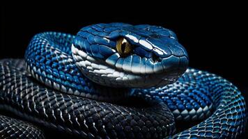 Striking Blue Viper Snake with Yellow Eye on Black Background photo