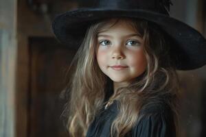 A young girl wearing a black witch's hat and dress poses charmingly with a gentle smile in a warm, softly lit room. photo