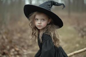 Young girl in a black witch costume wearing a pointed hat explores a forest during autumn in soft, natural lighting. photo